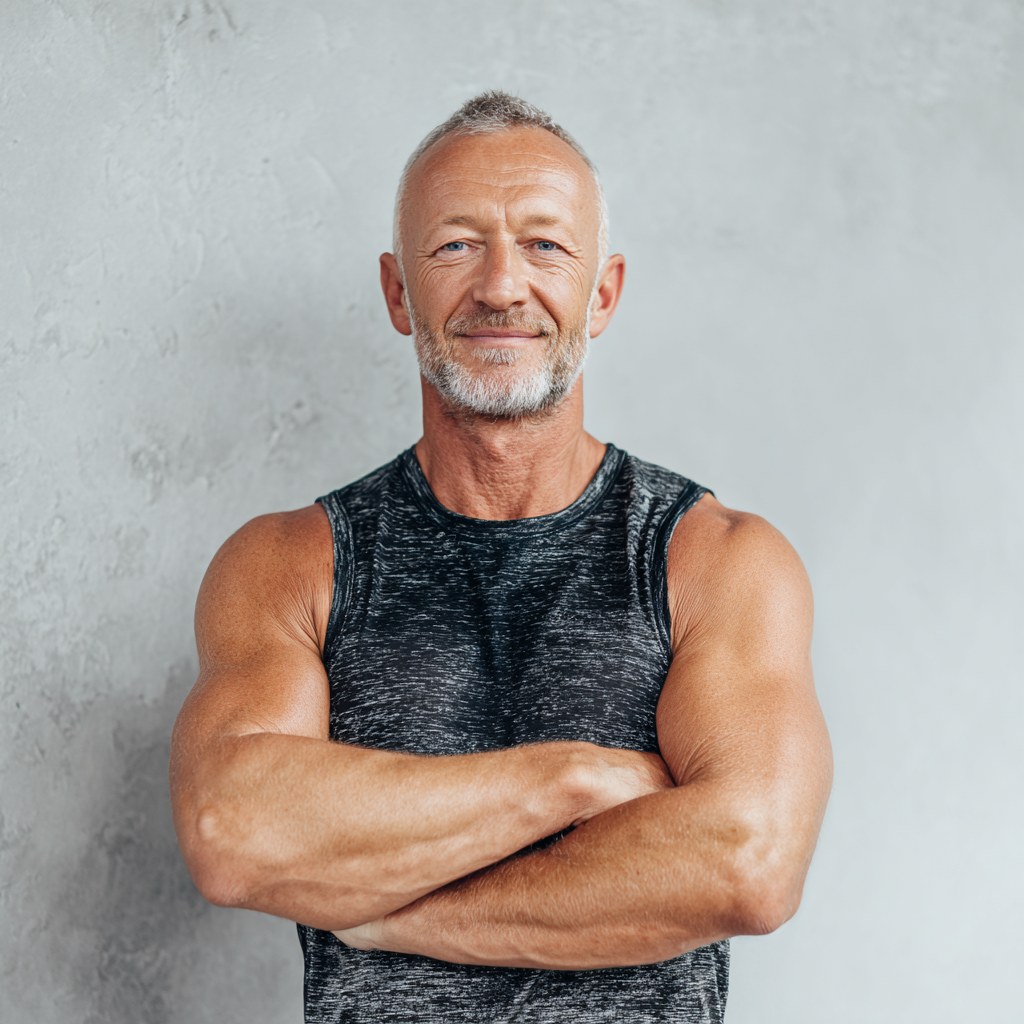 Confident mature European man with gray hair smiling while exercising outdoors, showing vitality and strength